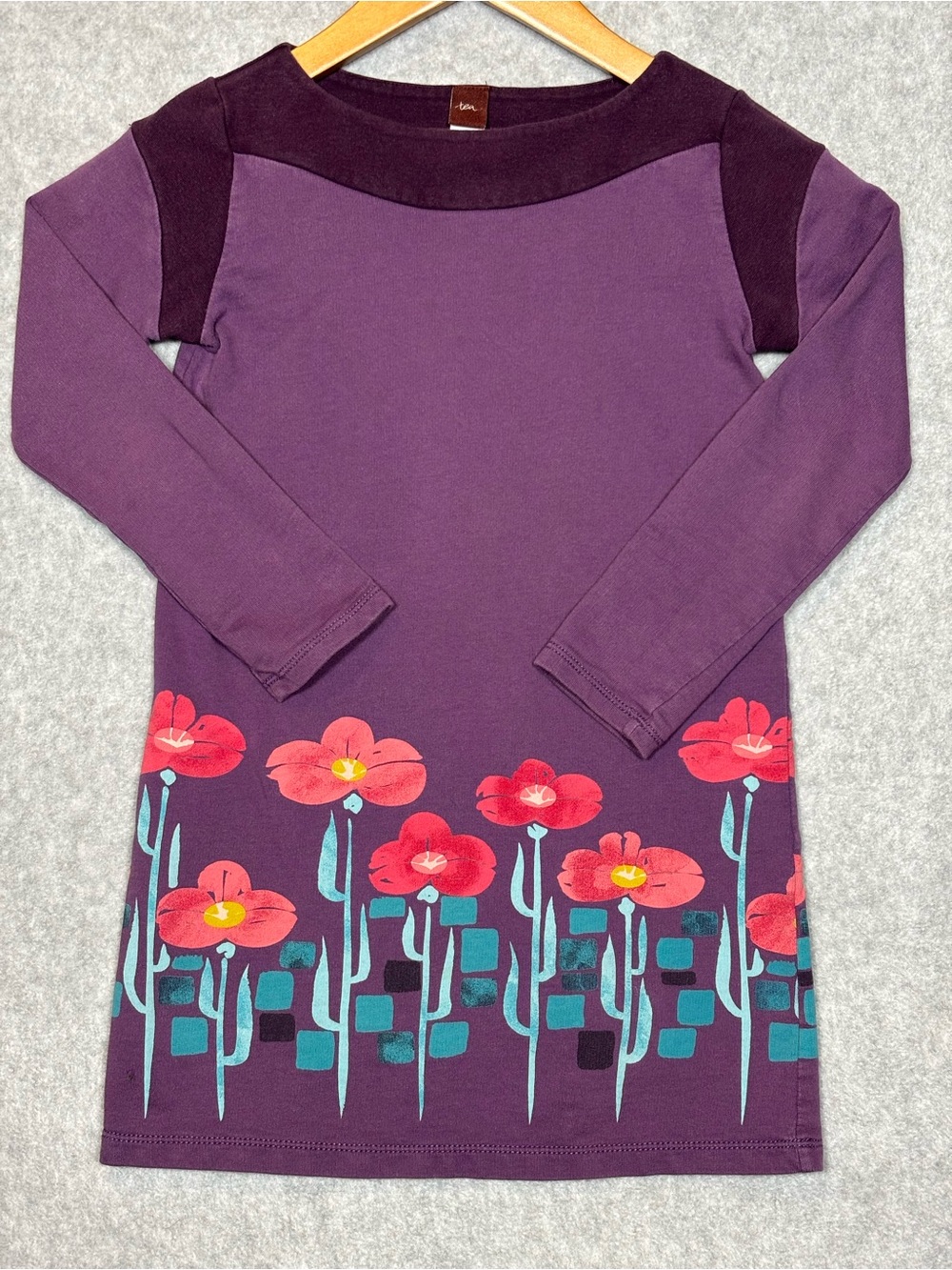 Tea Collection Long-Sleeve Floral Border Cotton Knit Dress-Purple-Girls Size 7
